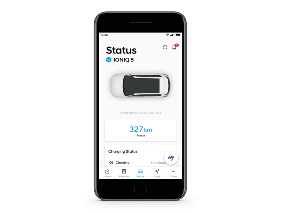 Close-up of the Hyundai Bluelink app with the Charging Status on the screen.