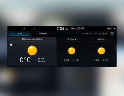 Screenshot from the Hyundai navigation system showing weather information.