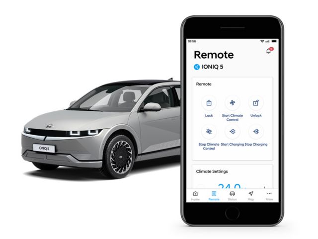 Hyundai IONIQ 5 electric vehicle pictured next to a smartphone with the Bluelink app on it.
